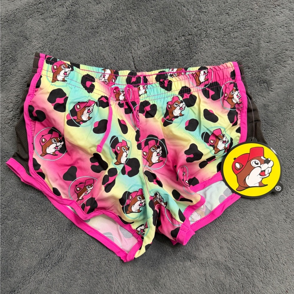 Buc-ee's Running Shorts Kids YXS Multicolor New Rainbow Leopard Mascot Print - Picture 2 of 7
